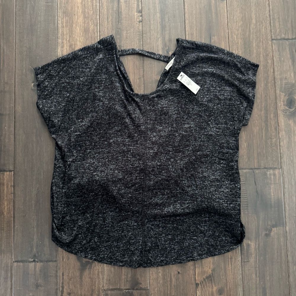 Express One Eleven Black Heathered Active Open Back Cap Sleeve Ruched Top S NWT